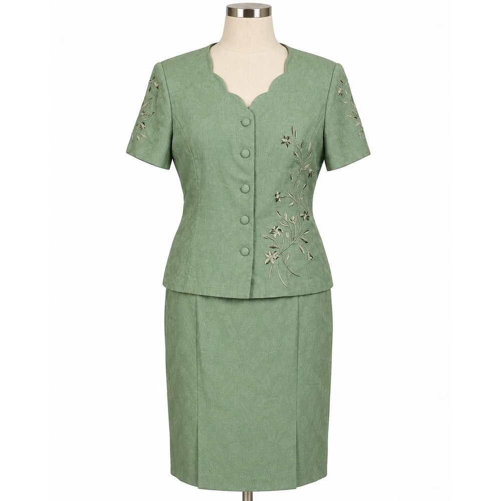 Vintage Y2K Plaza South Petite 14P Sage Green Embroidered Linen Blend Skirt Suit